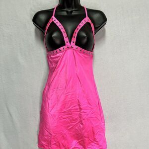 Lust by Teensy Weensy Hot Pink Studded Halter Mini Dress L/XL Y2K Clubwear Rave